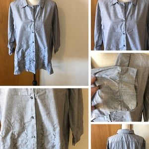 Heather Blue 3/4 Sleeve Button Shirt Embroidered